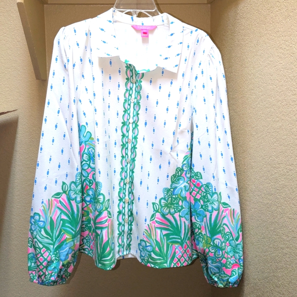 NWOT Lilly Pulitzer Tavia Top XL - Resort White Coconut Row Long Sleeve …